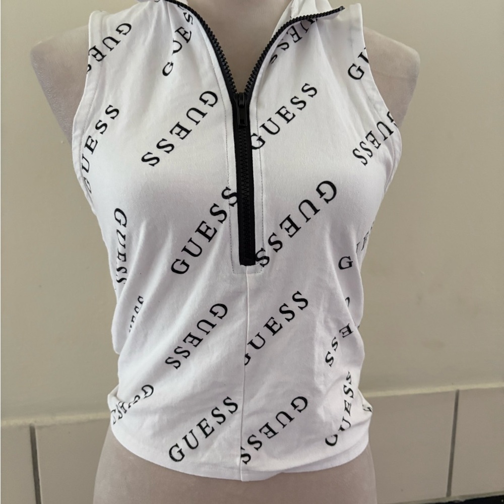 GUESS White Zip-Up Tank Top with Logo Print